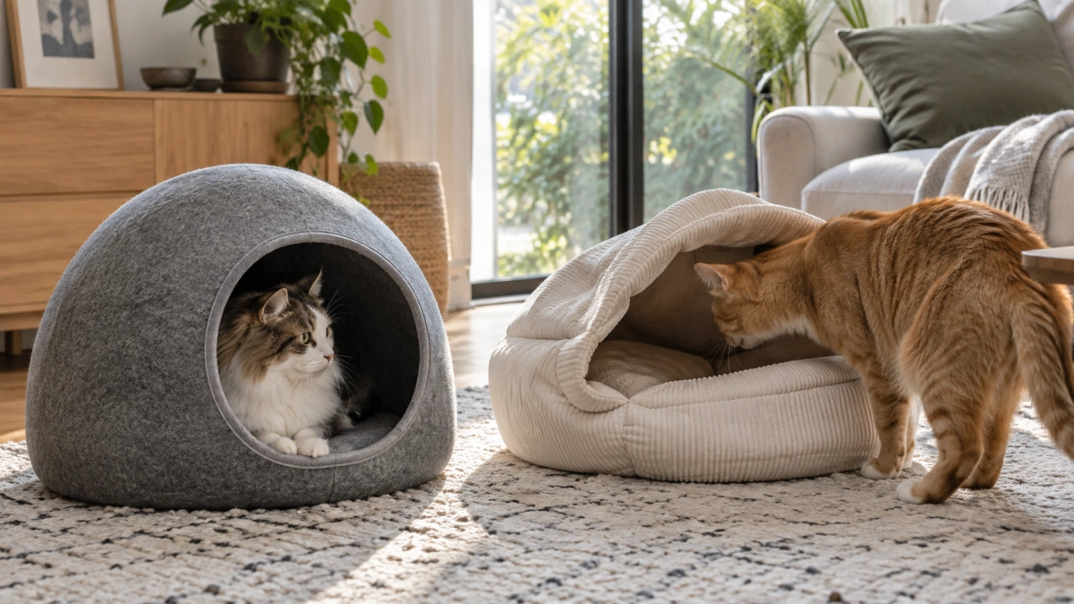 Structured cat cave compared with a soft collapsible covered bed