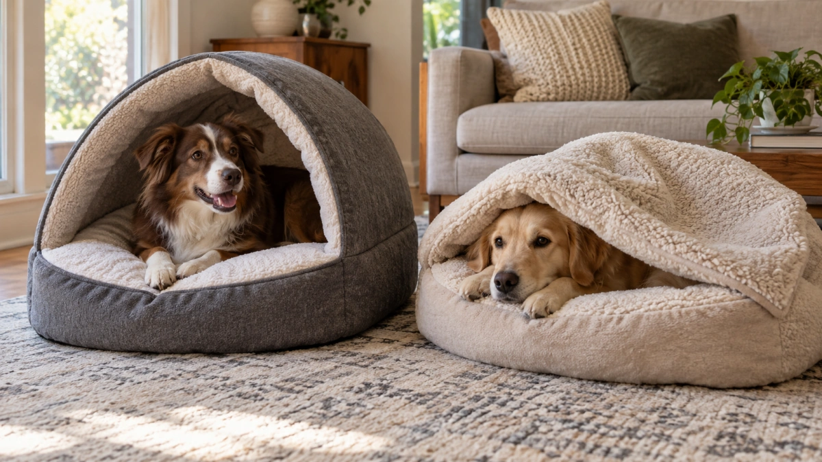 Structured hood and soft floppy cover on two cave dog beds