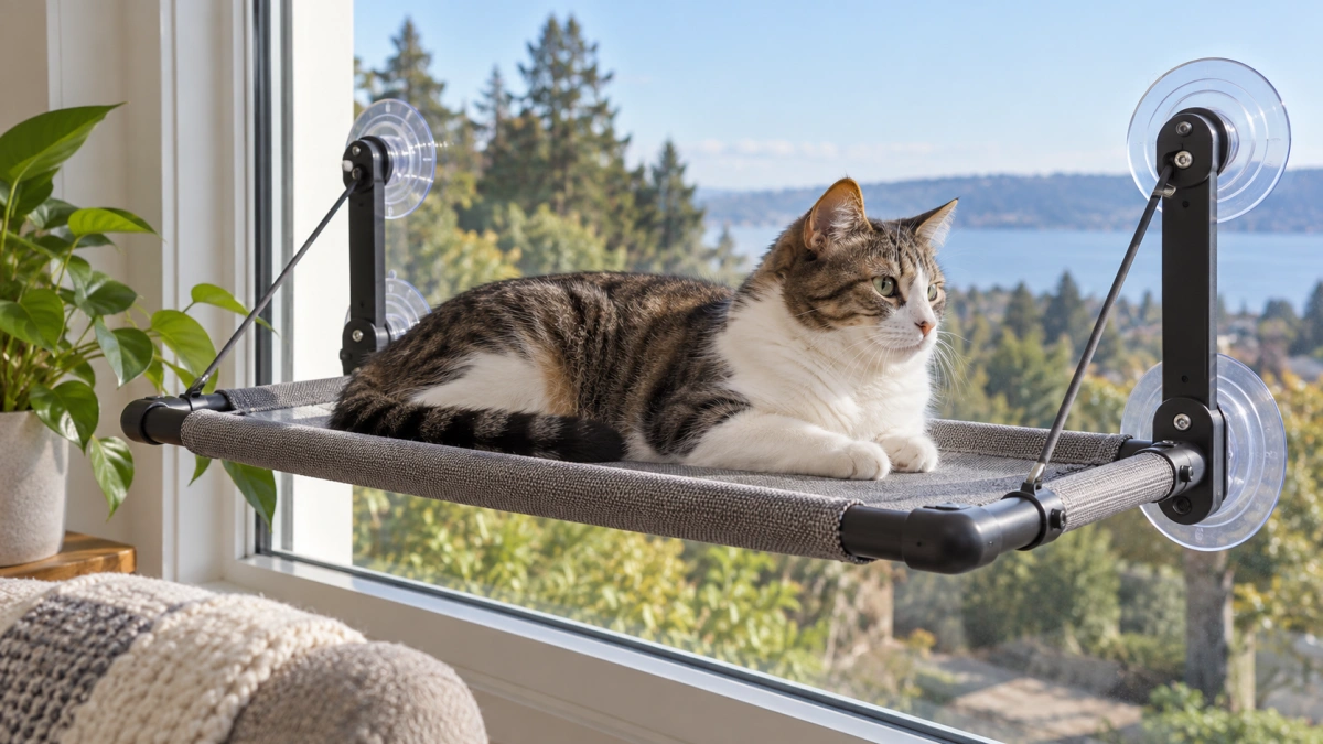 Secure suction cup cat window perch mounted on smooth glass