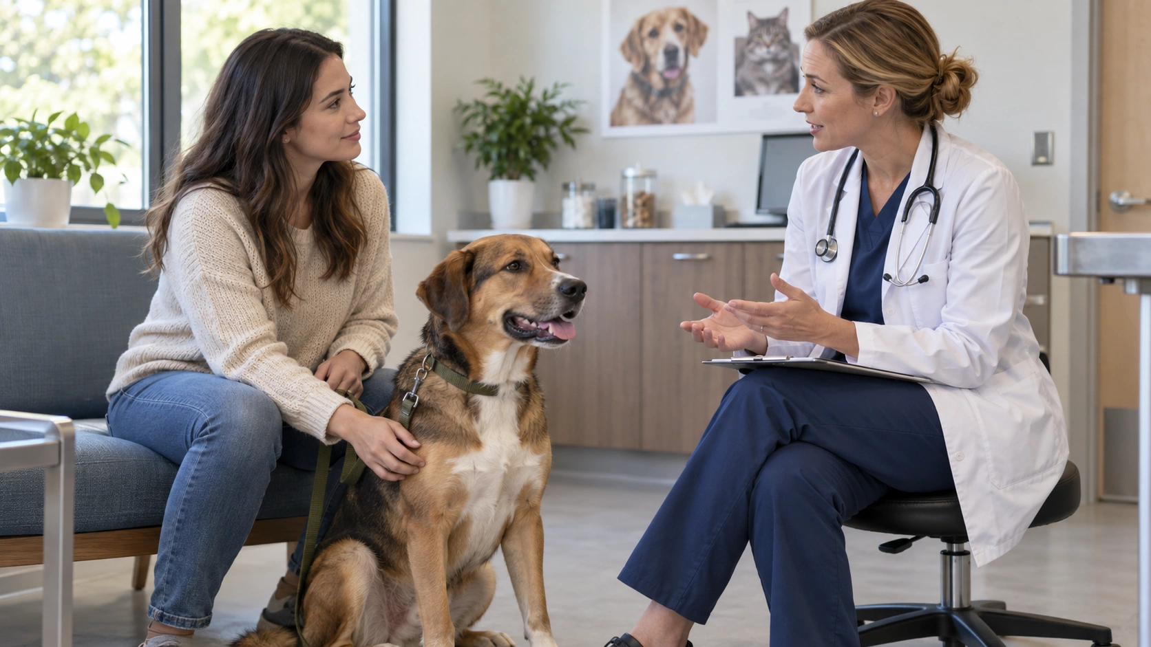 Young adult dog receiving veterinary evaluation for sudden behavior changes