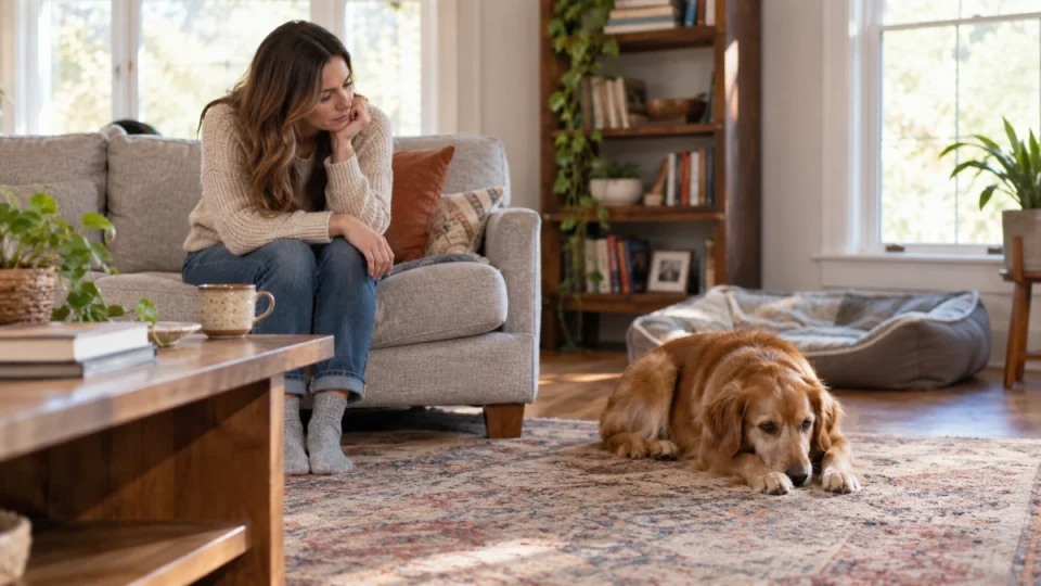 Dog owner noticing sudden changes in a dog's normal behavior at home