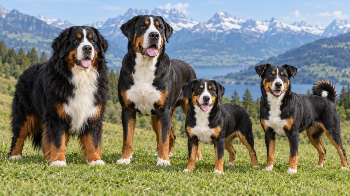 Four Swiss mountain dog breeds standing together
