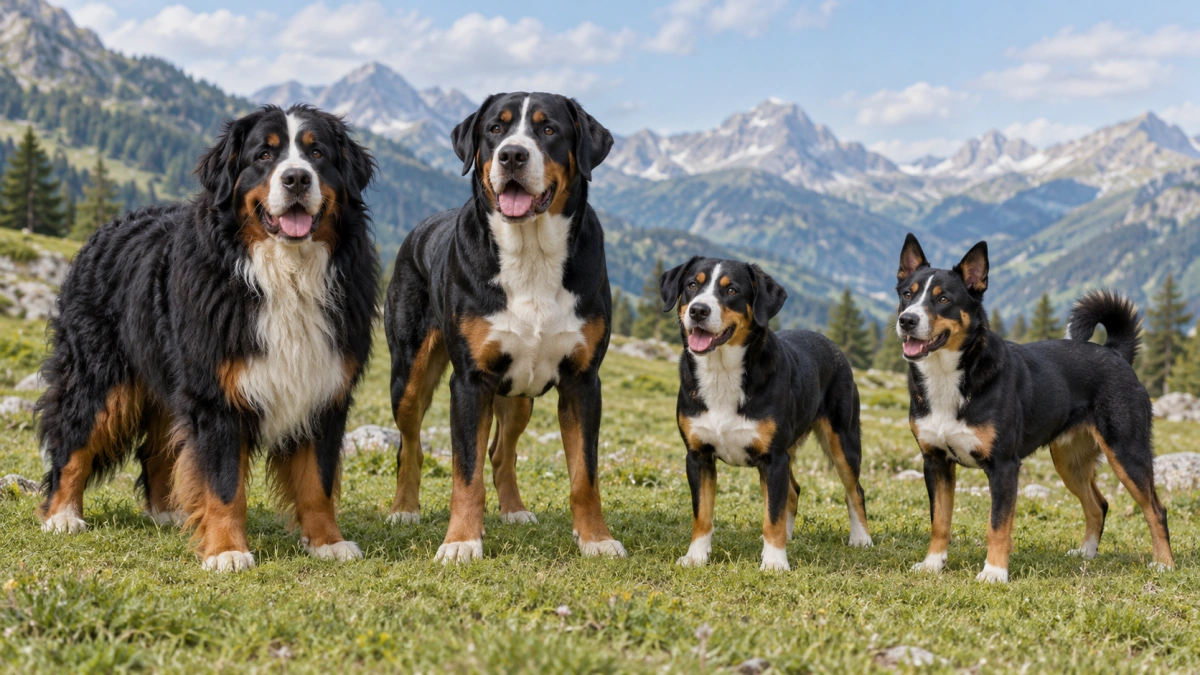 Four Swiss mountain dog breeds together outdoors