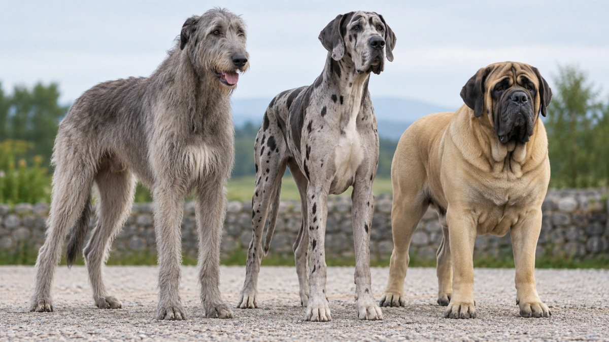 Tall Irish Wolfhound and Great Dane compared with a heavy Mastiff