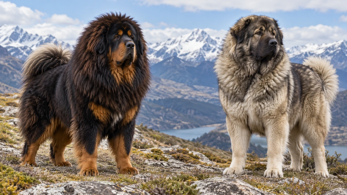 Tibetan Mastiff and Caucasian Shepherd Dog standing outdoors