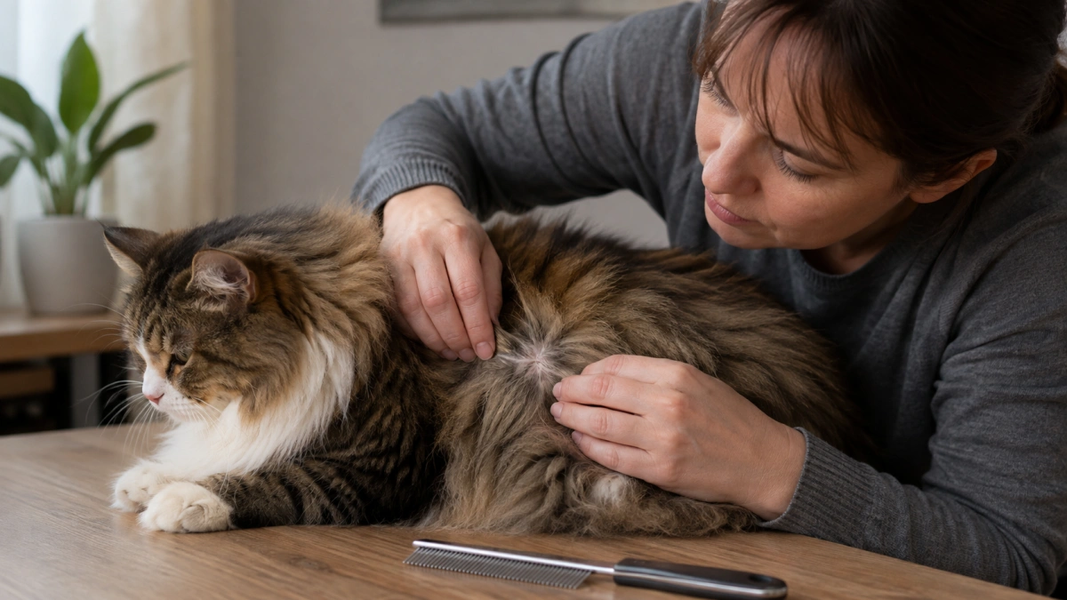 Owner pausing home grooming after finding a tight mat close to a cat's skin
