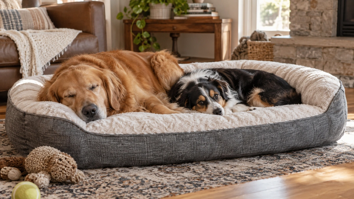 Two dogs sharing a properly sized dog bed