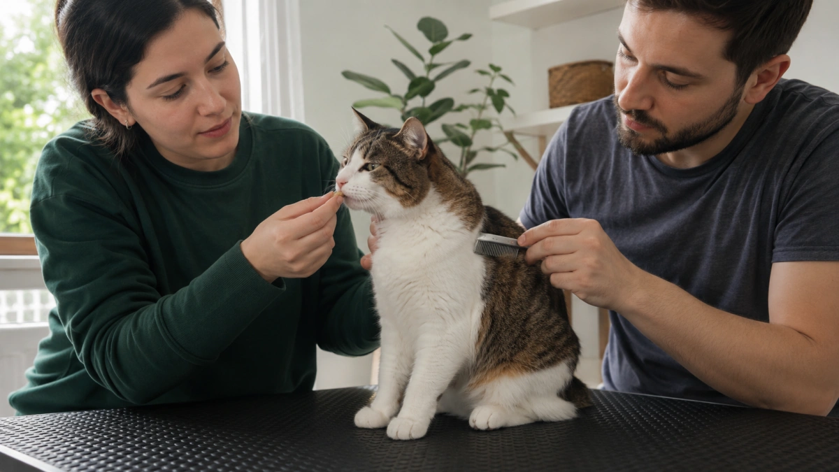 Two people calmly assisting with a short low-stress cat grooming task
