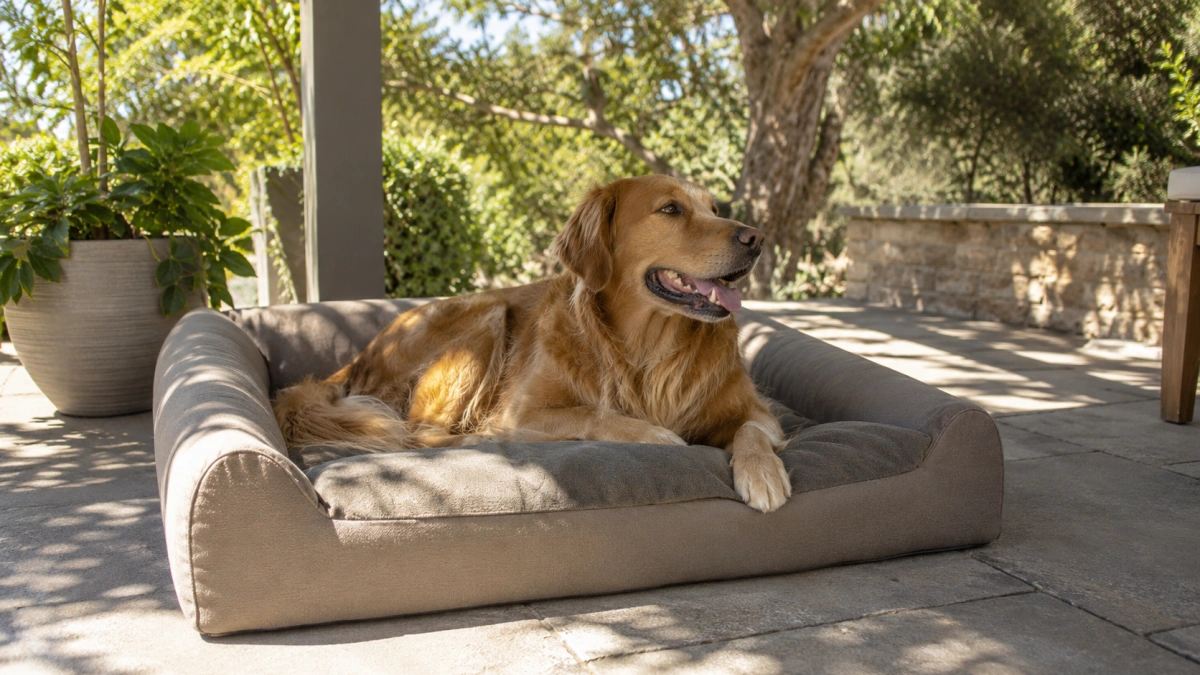 Outdoor dog bed exposed to sunlight with durable fabric