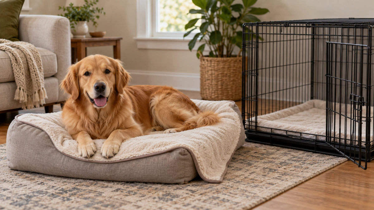 Warm dog blanket used on a dog bed near an open crate