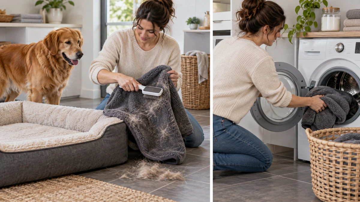 Dog bed blanket being removed and prepared for machine washing
