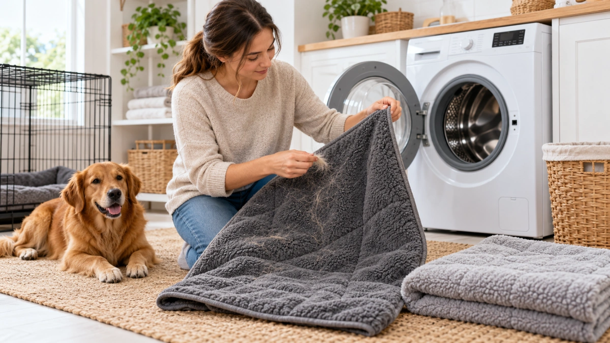 Dog crate blanket being prepared for routine machine washing