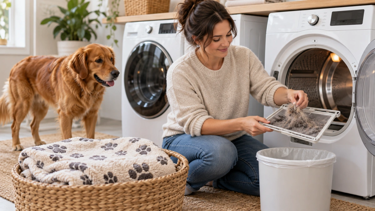 Washable dog blanket and dryer lint trap after pet hair removal