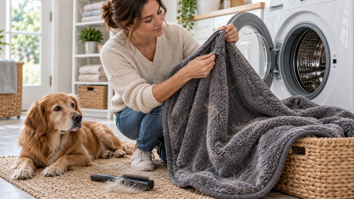 Durable dog blanket being inspected before machine washing