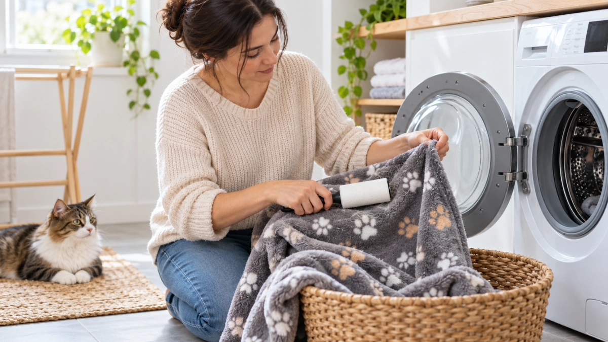 Fleece cat blanket being prepared for machine washing