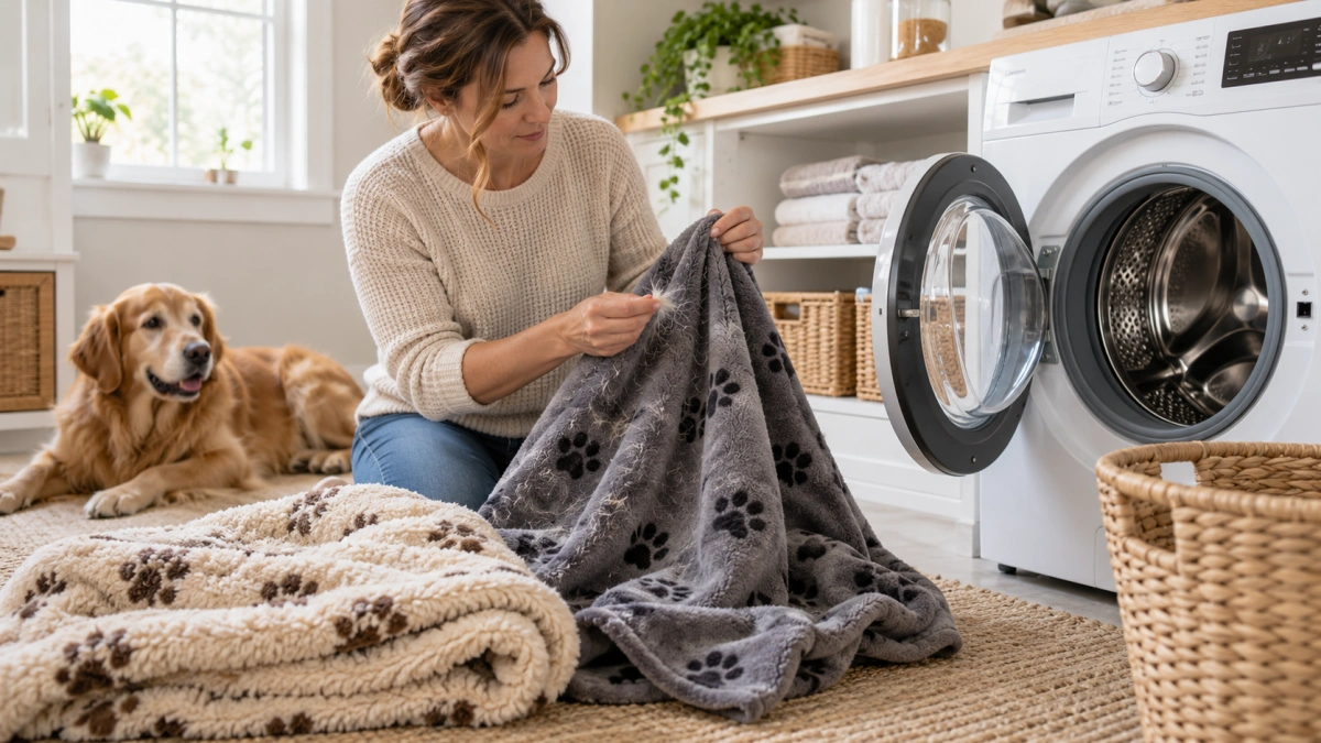 Fleece dog blanket being prepared for machine washing