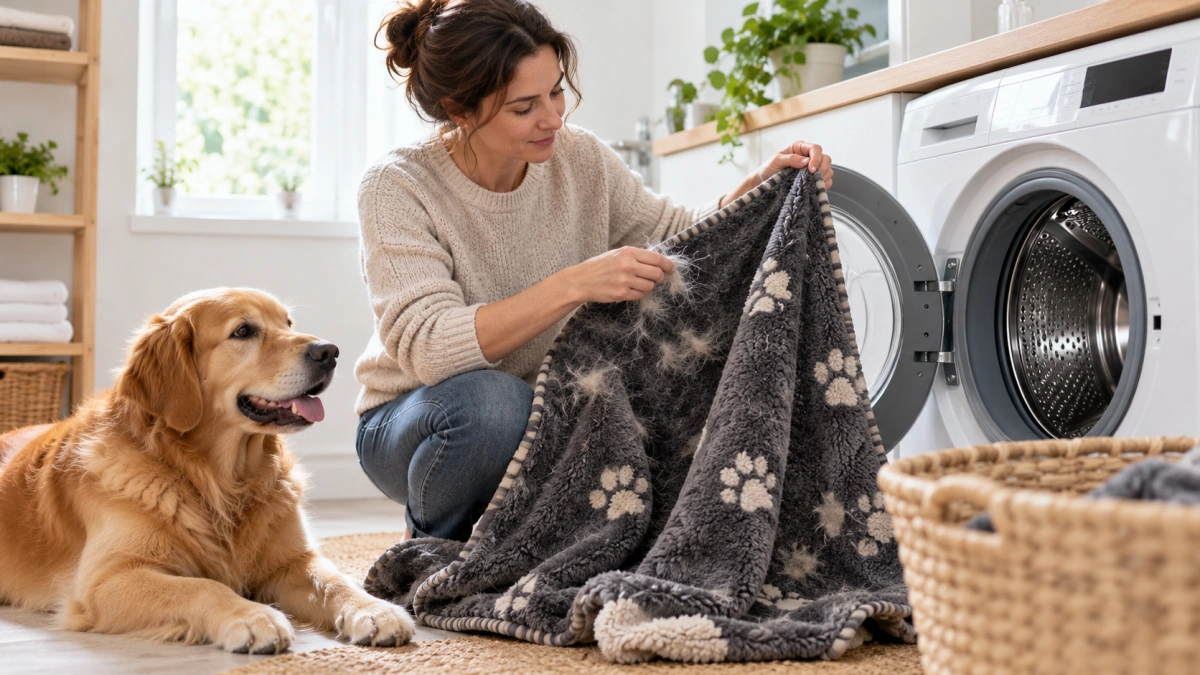 Large dog blanket being checked before machine washing