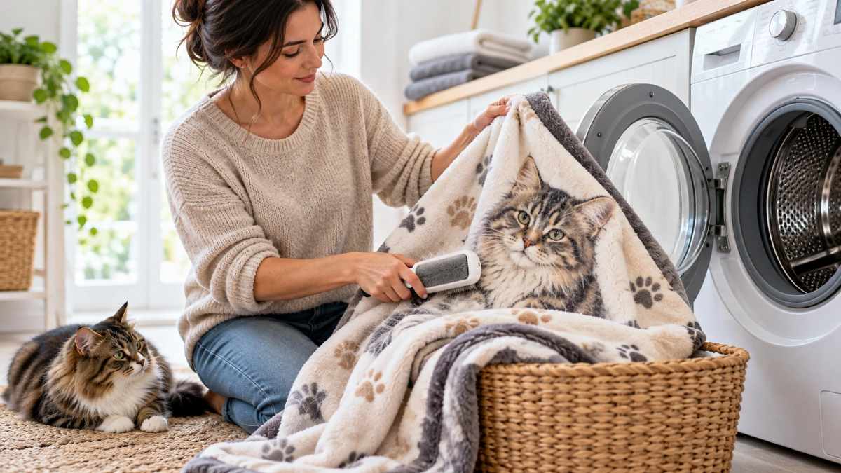 Personalized cat blanket being prepared for machine washing