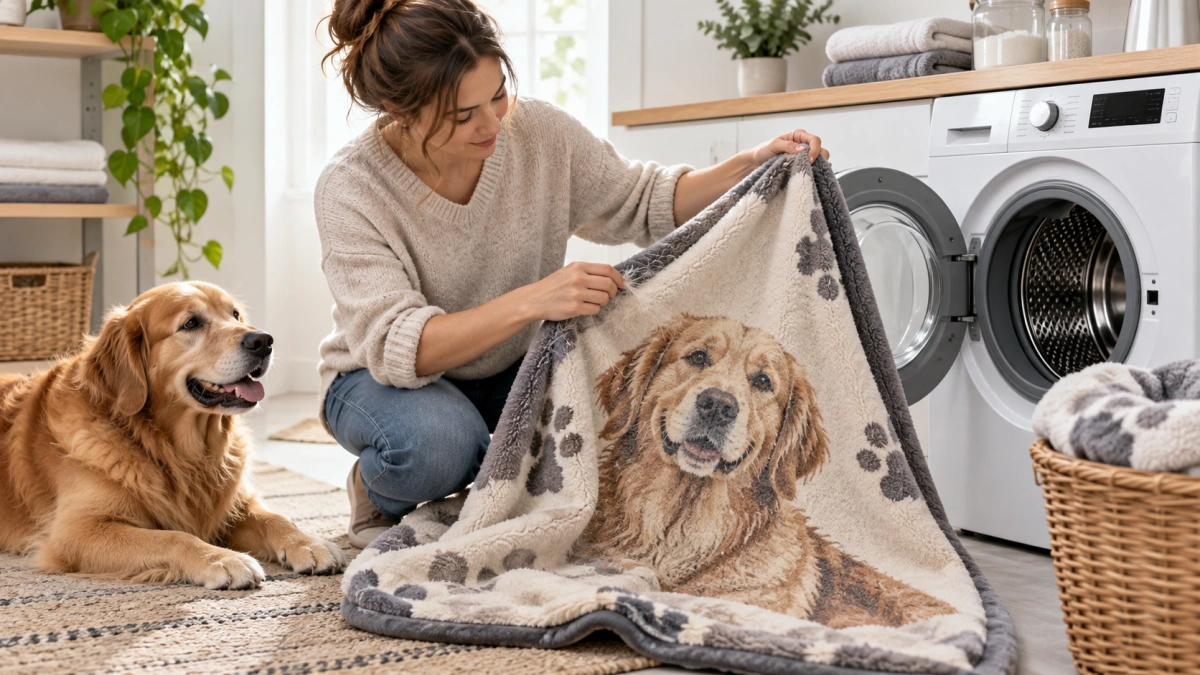 Personalized dog blanket being prepared for gentle machine washing