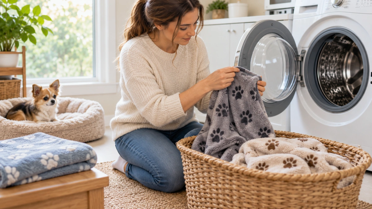 Small dog blanket being prepared for machine washing