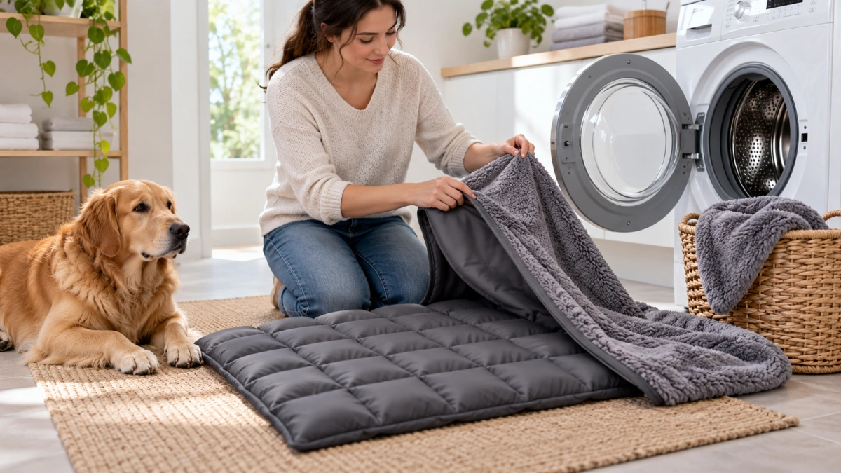 Removable cover being separated from a weighted dog blanket insert for washing