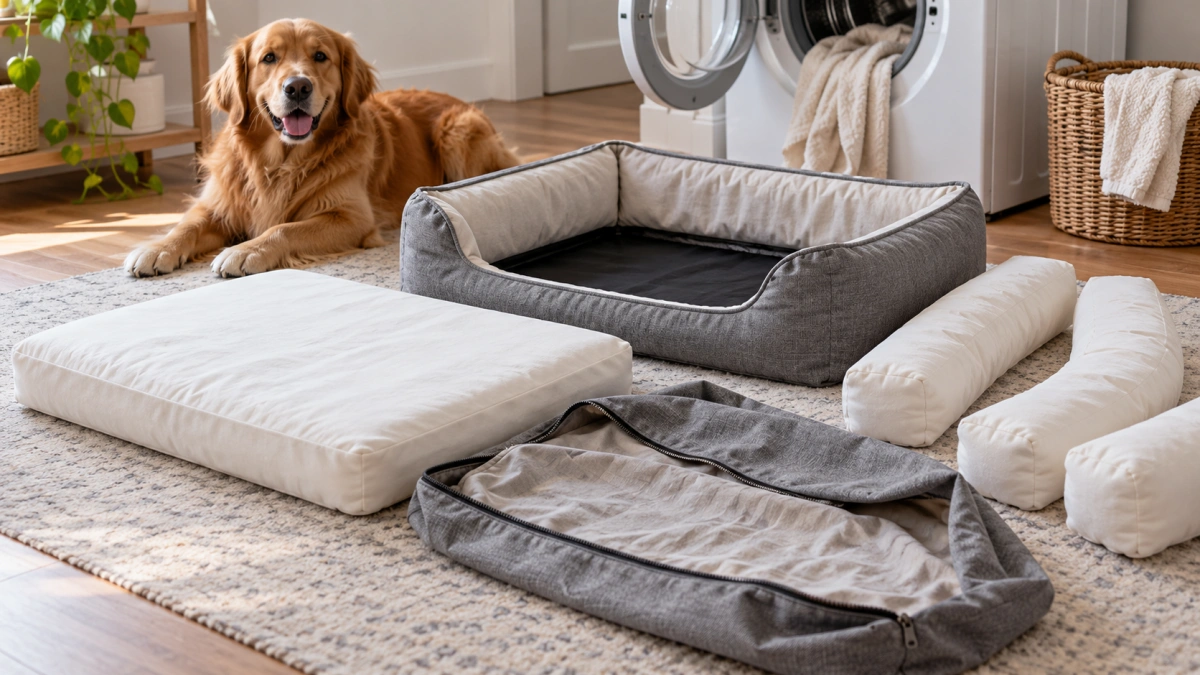 Removable cover and cushion inserts from a bolster dog bed