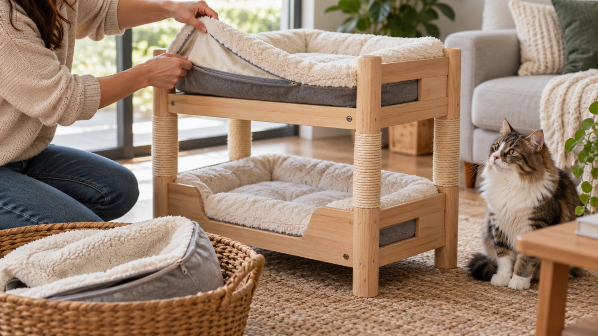 Cat bunk bed with removable washable cushions on both levels