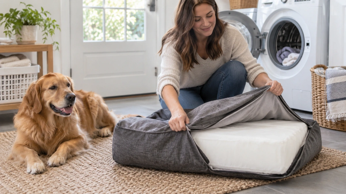 Owner removing a washable cover from a cheap dog bed