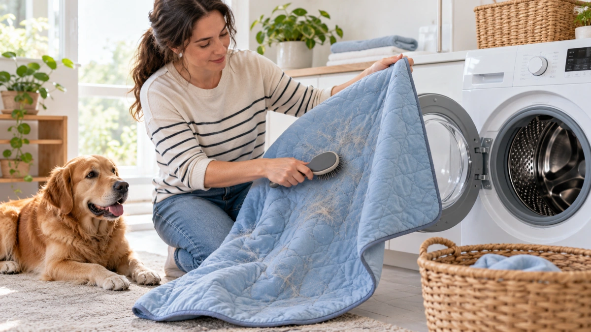 Washable cooling dog blanket being prepared for machine washing