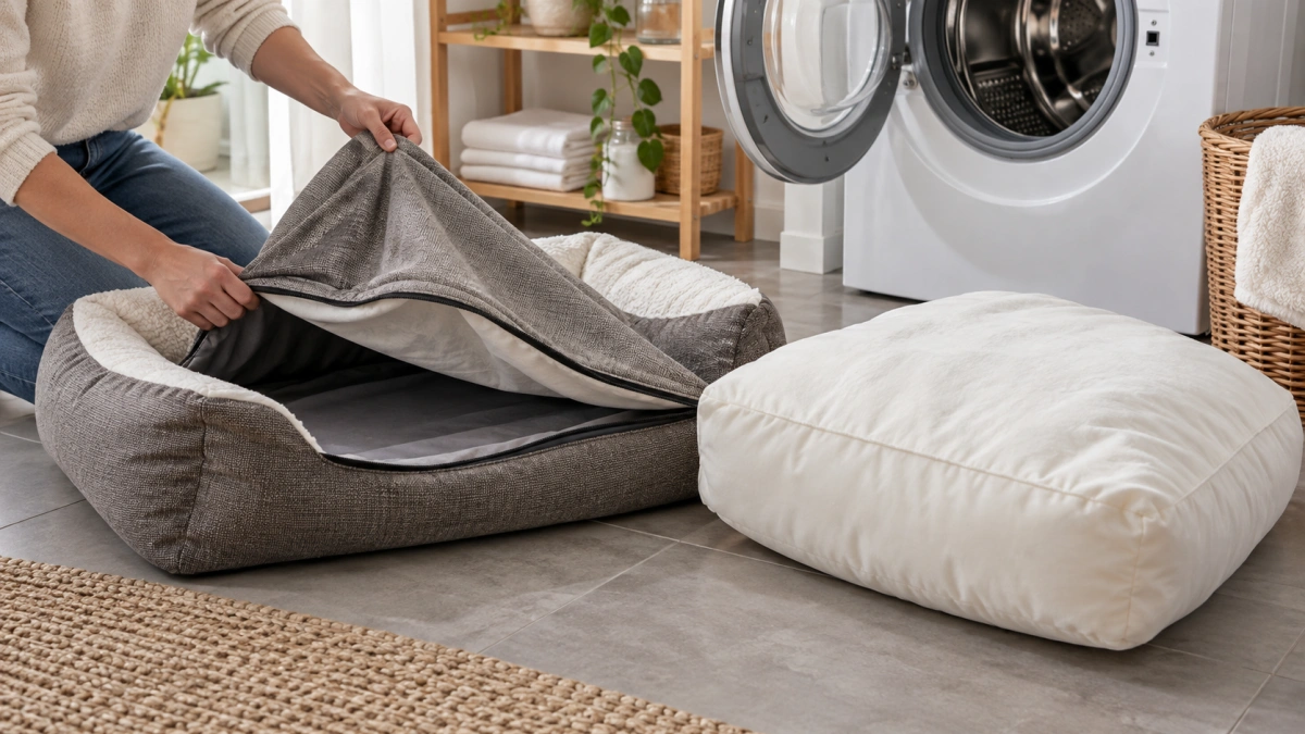 Covered dog bed with removable washable cover and cushion