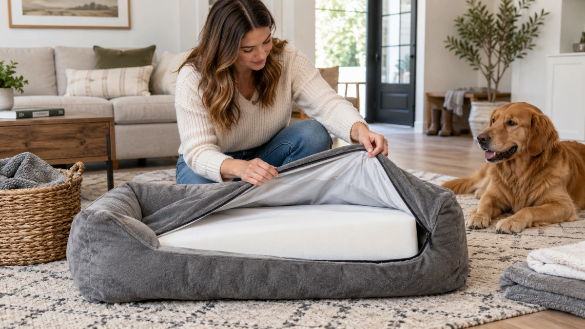 Owner inspecting washable dog bed features before buying