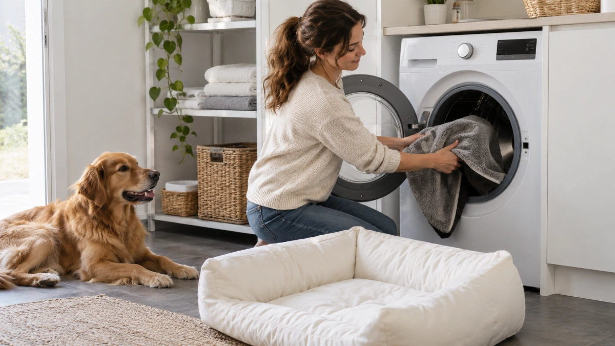 Removable washable dog bed cover being cleaned in a washing machine