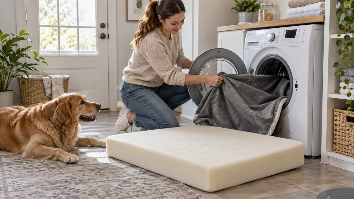 Owner washing a removable dog bed cover