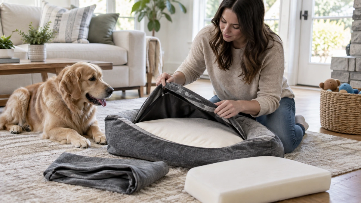 Owner checking washable dog bed maintenance features