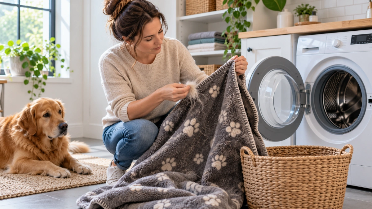 Washable dog blanket being prepared for routine laundry
