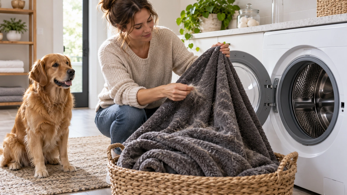 Washable dog couch blanket being prepared for machine washing
