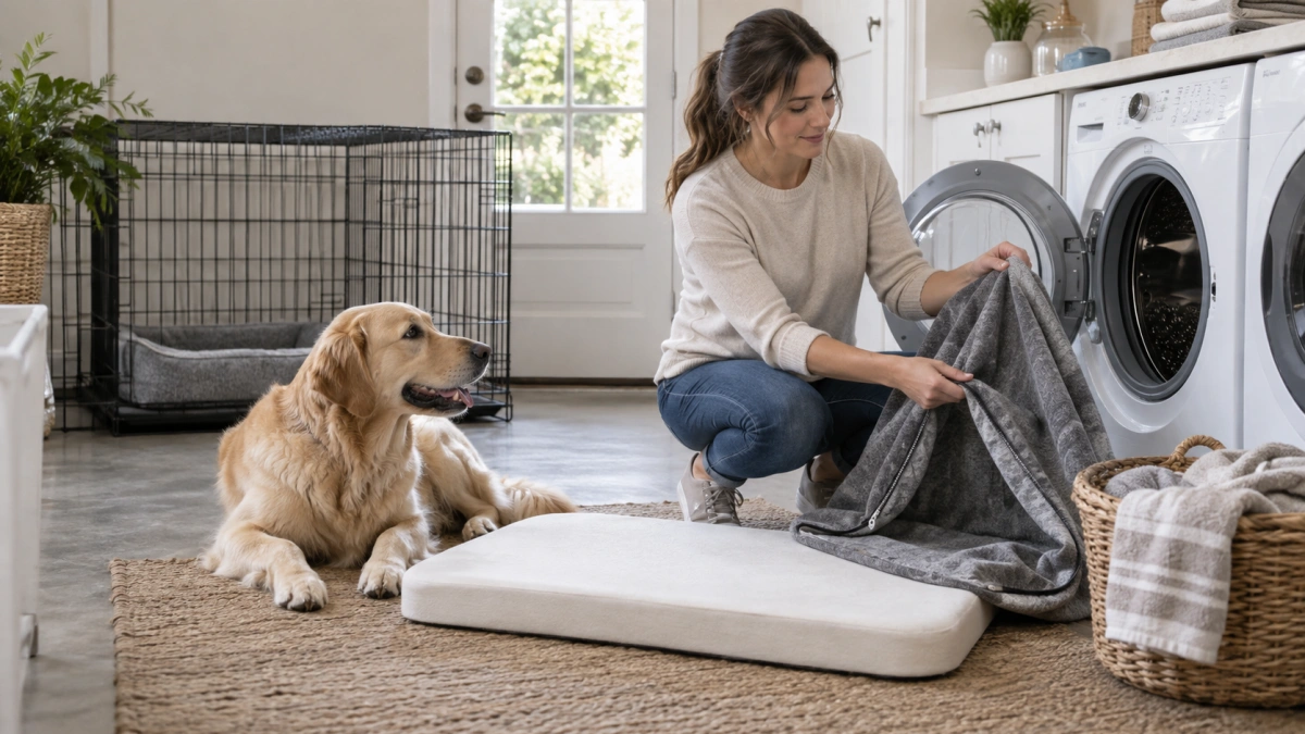 Owner washing a removable dog crate bed cover