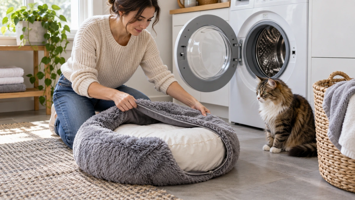Washable donut cat bed with removable cover and cushion insert