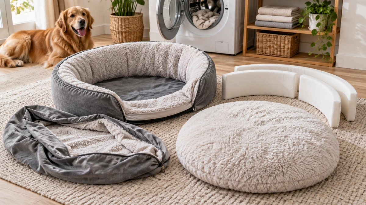 Removable cover and inserts from a washable donut dog bed