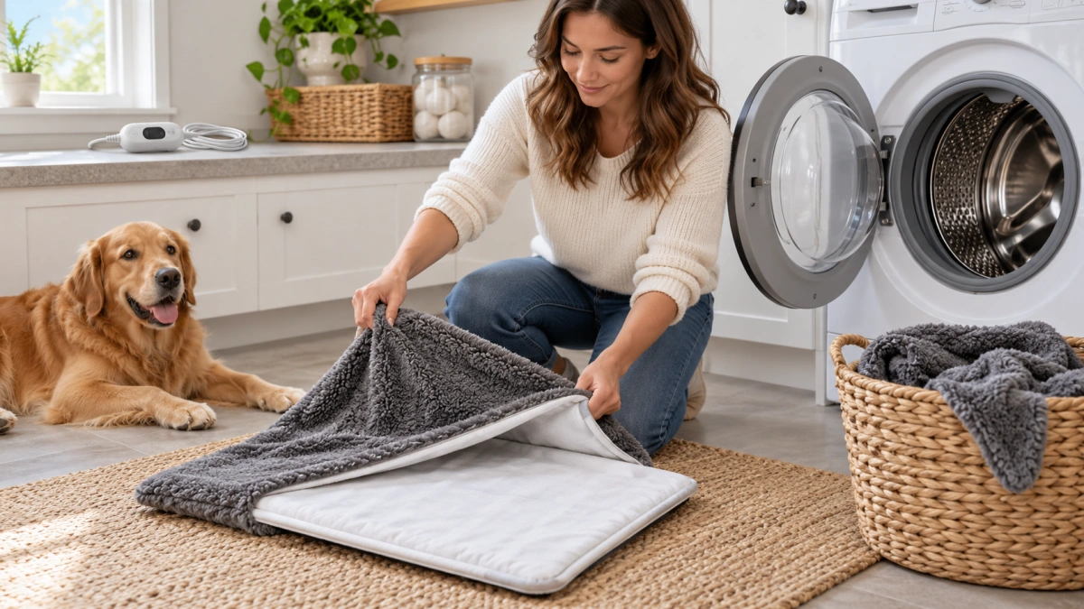 Removable washable cover being taken off a pet warming pad