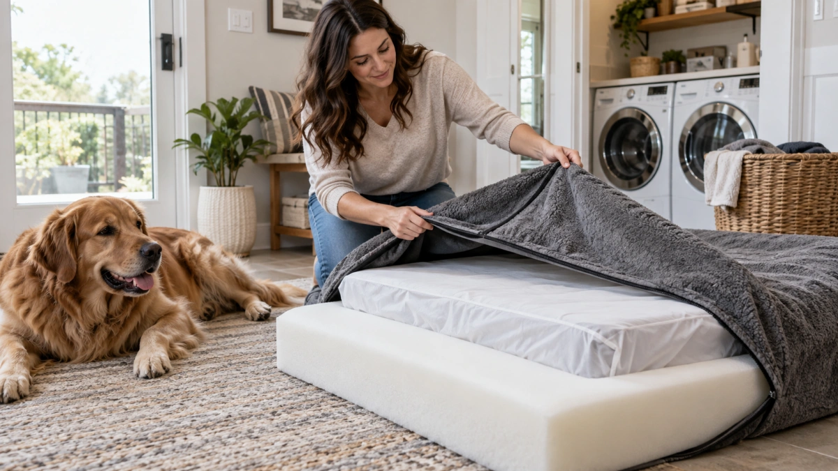 Owner removing the washable cover from a large dog bed