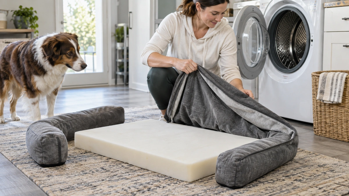 Owner removing a washable cover from a medium dog bed