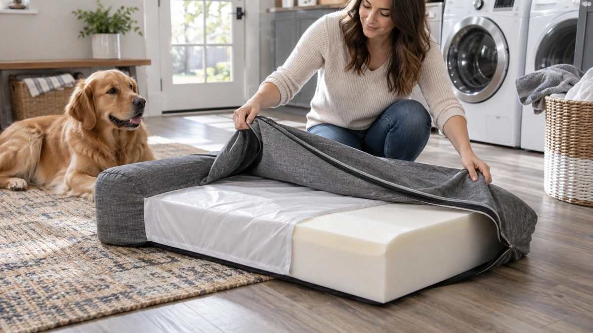 Owner removing a washable cover from an orthopedic dog bed