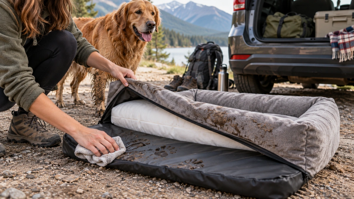 Washable travel dog bed with water resistant base and removable cover