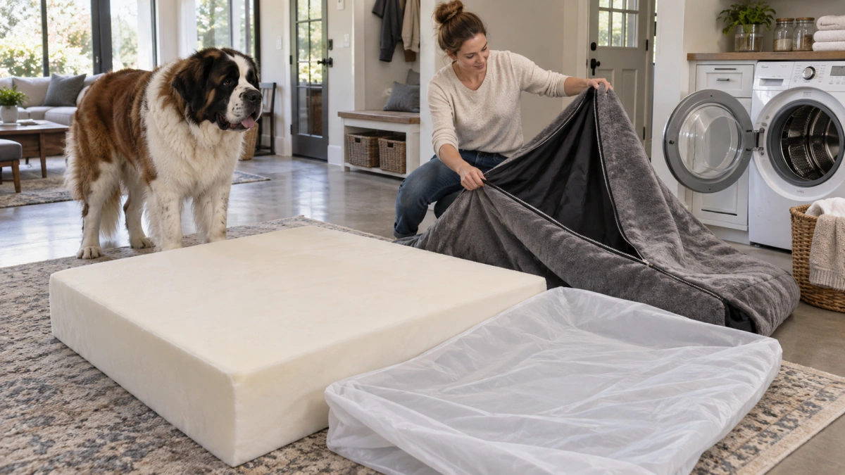 Owner removing a washable cover from an XXL dog bed