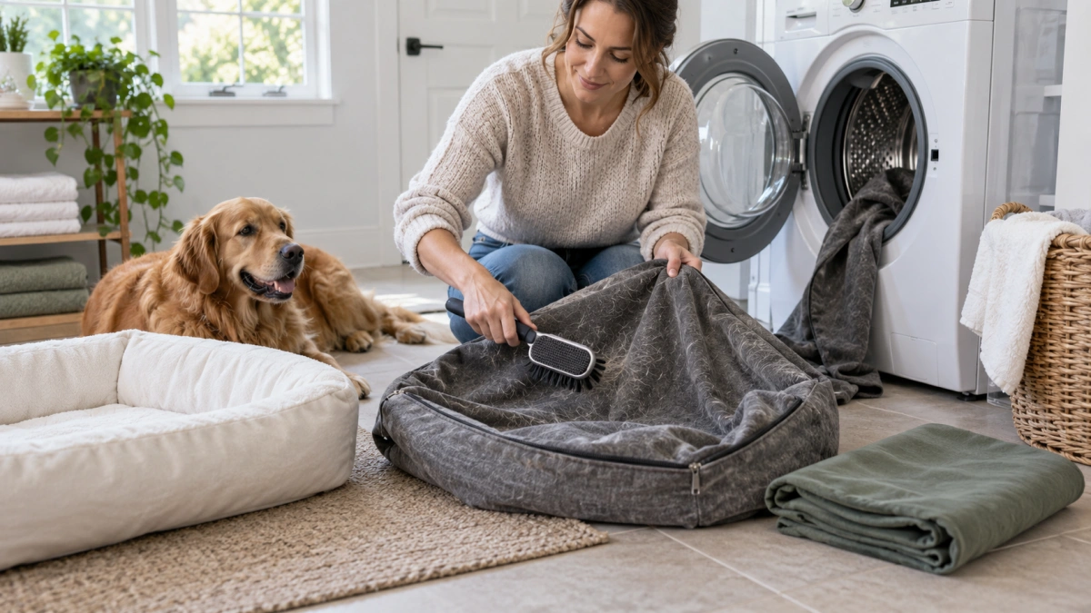 Owner preparing a replacement dog bed cover for washing