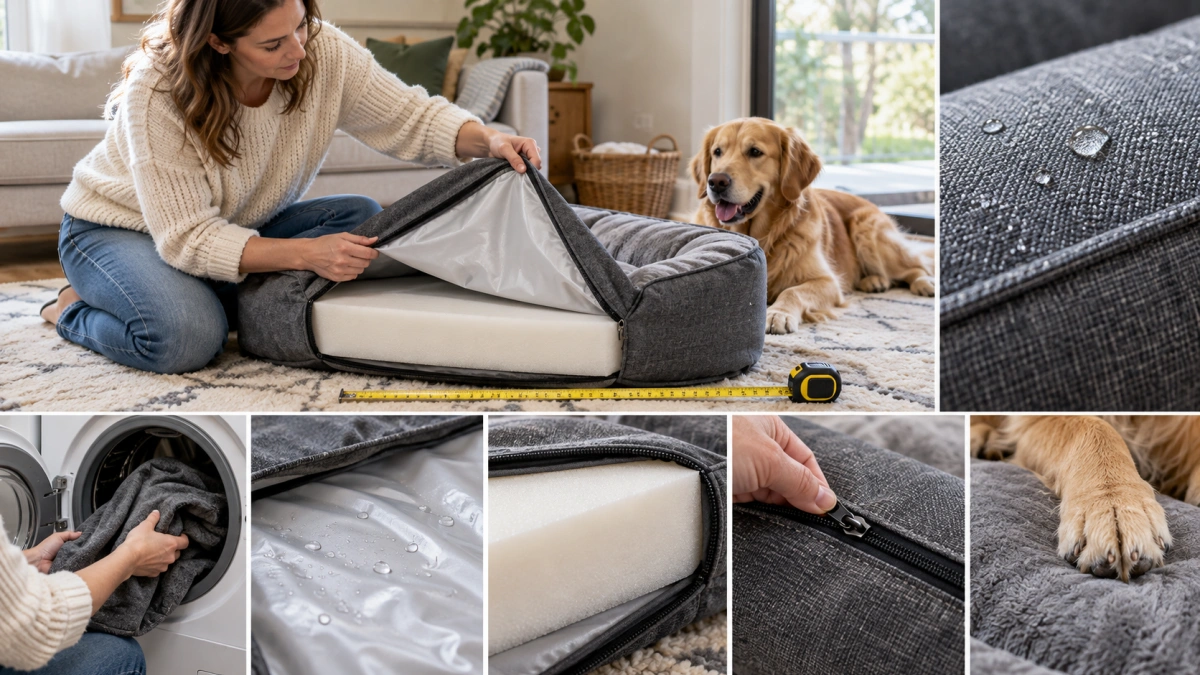 Owner checking waterproof dog bed liner cover size and construction