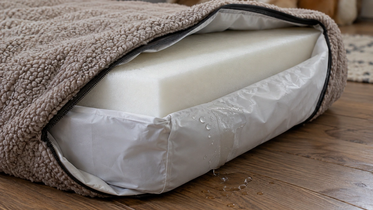 Waterproof liner protecting foam inside a dog bed