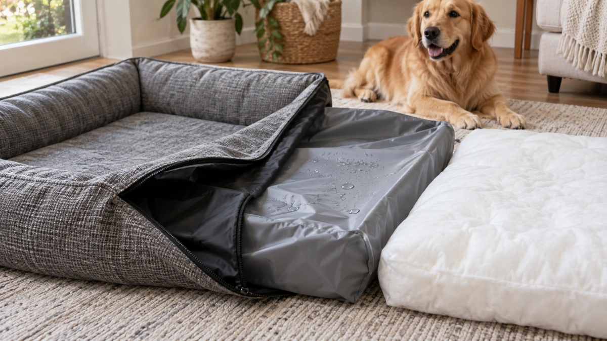 Waterproof liner layer inside a dog bed