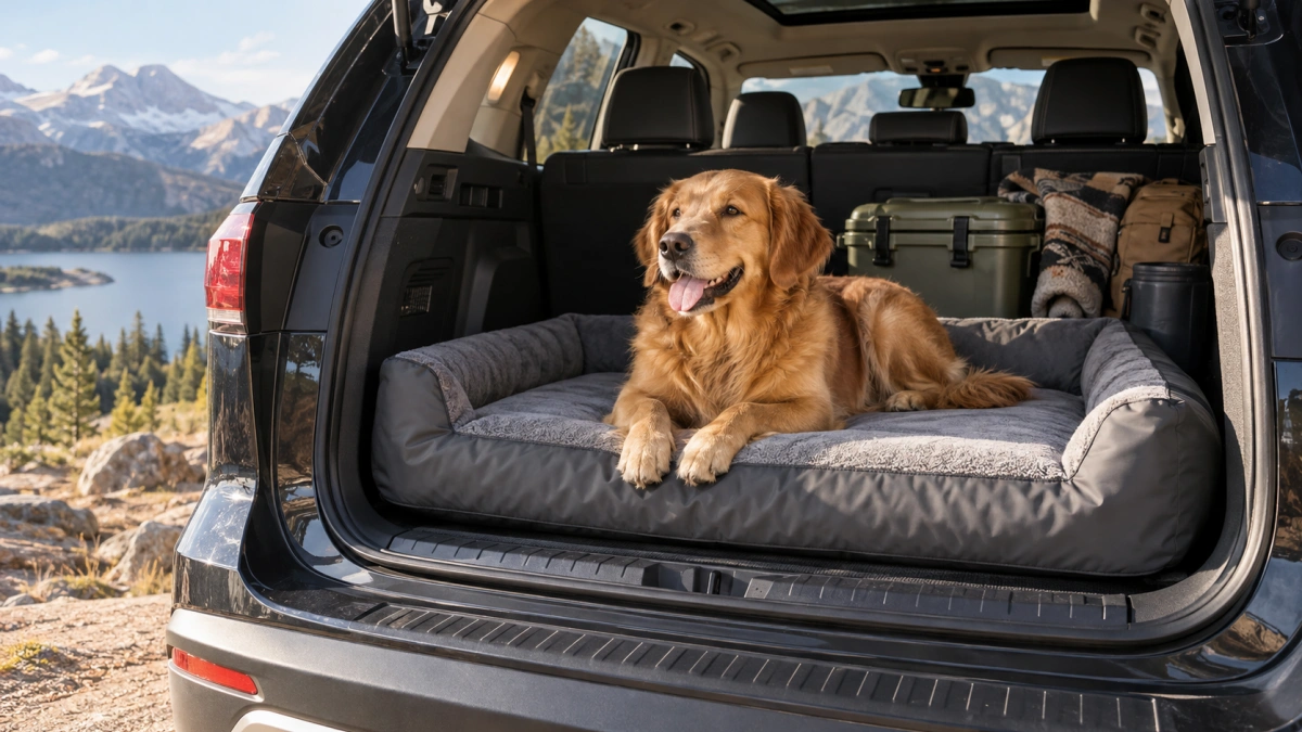 Portable waterproof dog bed used in a vehicle for travel